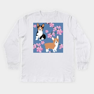 Cute Corgi Dogs and blue denim floral Kids Long Sleeve T-Shirt